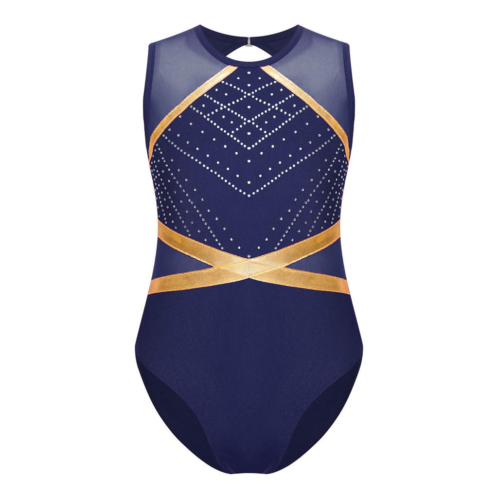 Girls Sparkle Rhinestone Gymnastics Leotard Keyhole Back Patchwork Sleeveless Bodysuit Figure Skating Dance Wear