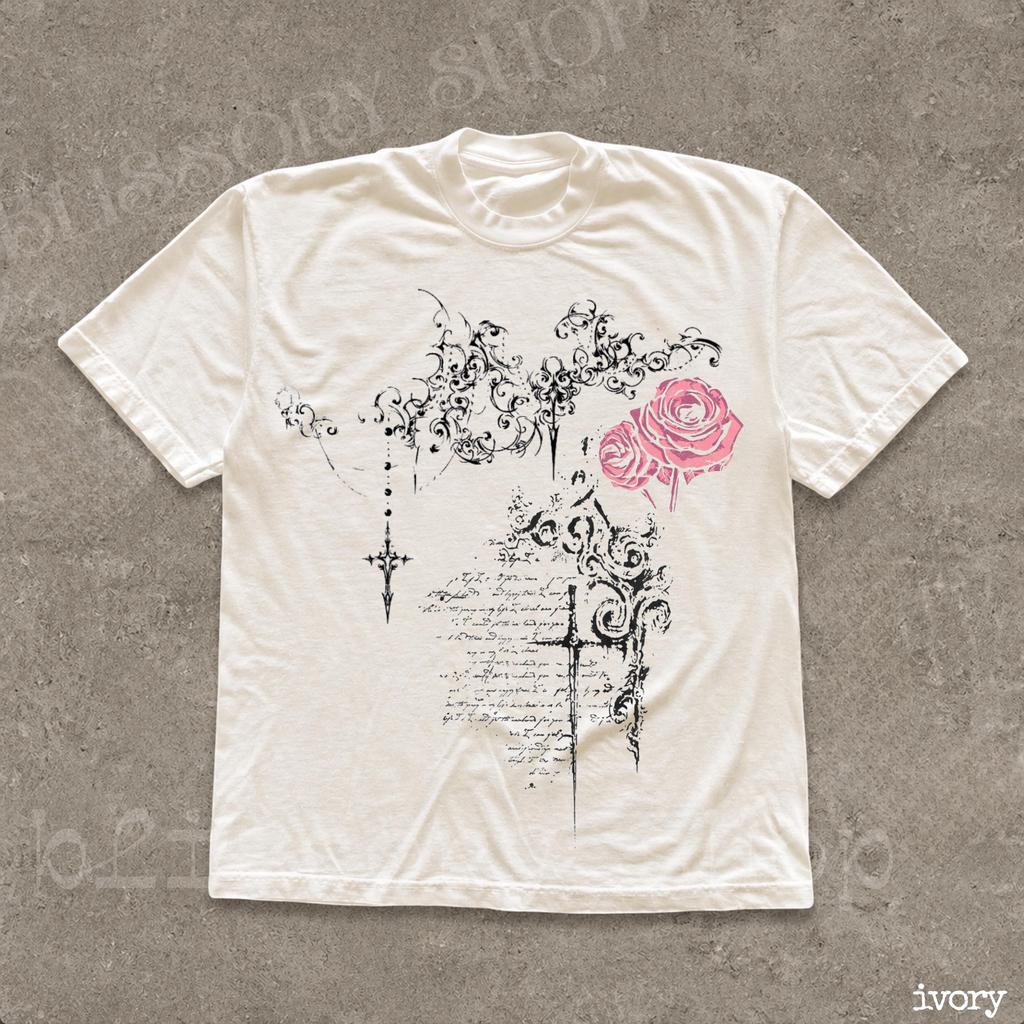 Gothic Rose Graphic TShirt Black Floral Cross Vintage Distressed Short Sleeve Casual Dark Academia Top
