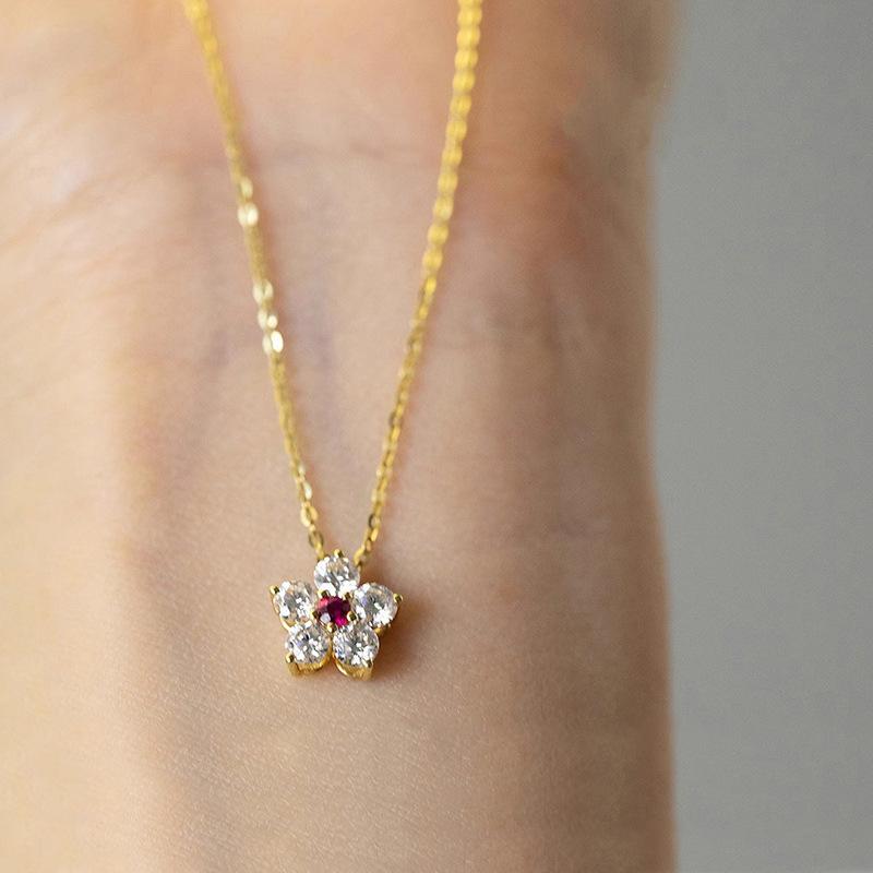 Flower Pendant Necklace, Pink/red Center Zircon