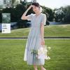 Xiangying Women's Embroidered Blue V-Neck Lyocell A-Line Midi Dress