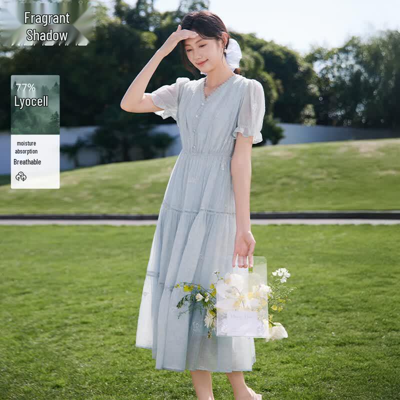 Xiangying Women's Embroidered Blue V-Neck Lyocell A-Line Midi Dress