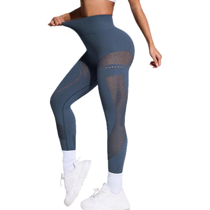 European & American High Waist Seamless Yoga Leggings - Peach Butt, Hollow Out Design for Women's Fitness & Outdoor Running