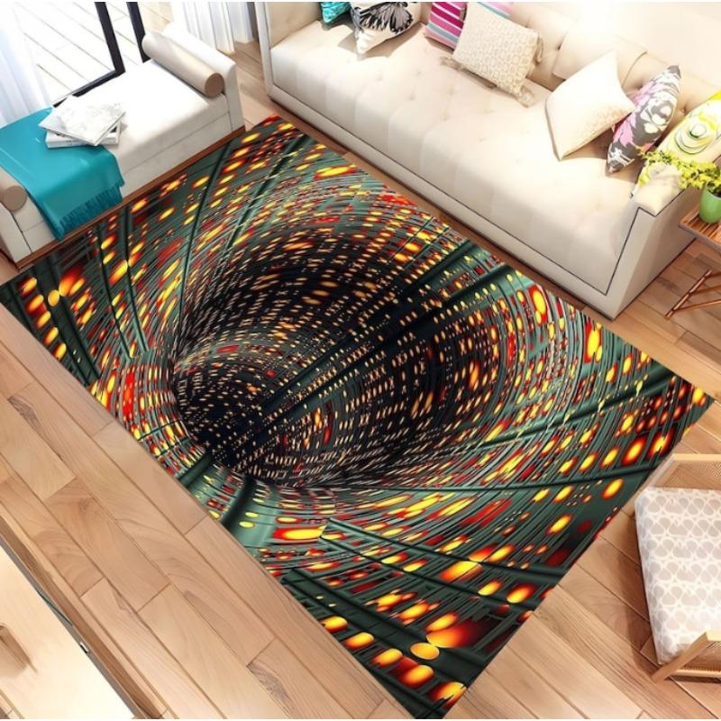 2D Vortex Optical Illusion Area Rug Soft Non-Slip Psychedelic Tunnel Carpet Modern Abstract Red Yellow Light Pattern Decor Mat