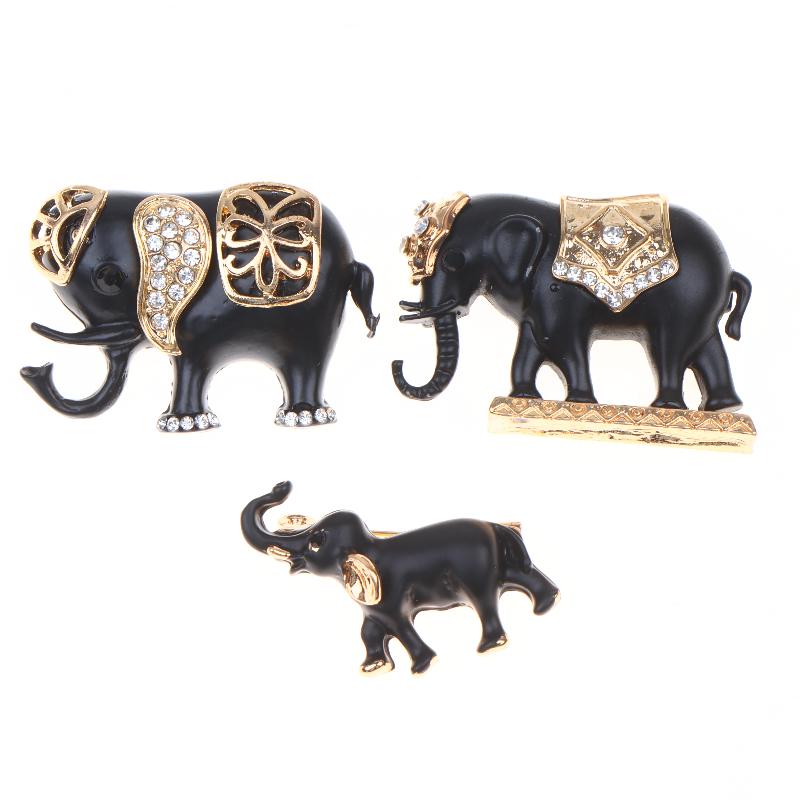 Black Gold Retro Elephant Brooch Set Shiny Rhinestone Inlaid Exquisite Craft for Women Hat Bag Decoration Jewelry Gift
