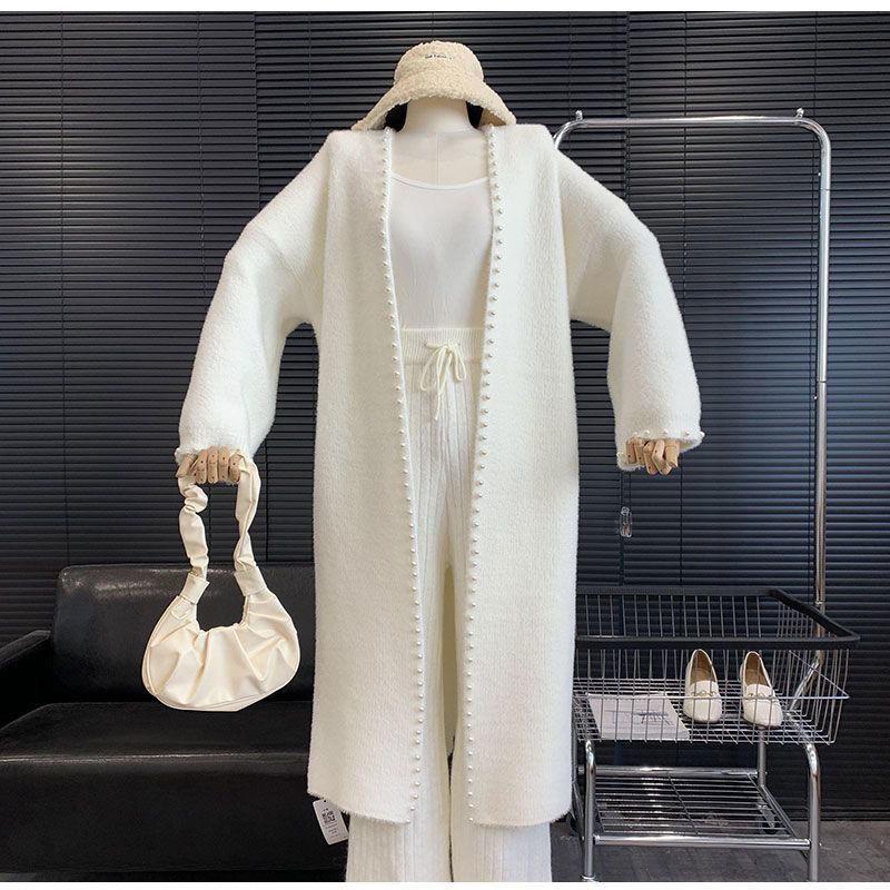 Women's Mink Fleece Cardigan Jacket Autumn and Winter Midi Beaded Knitted Cardigan Loose Casual Over-the-knee Knitted Sweater Coat