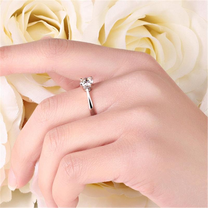 S White Gold-Color Ring Ladies Exquisite Simple Model Four Claws With Solder Glass Diamond Live Mouth Copper Alloy Jewelry