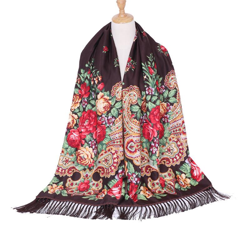 Scarf Women Flower Shawl Autumn And Winter Foulard Warmth Vintage Tassel Hijab Warp Printed Headscarf Bandana