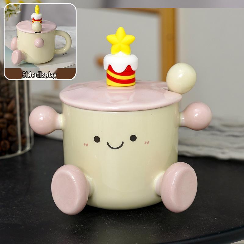 

Cute Dormitory Girls 3D Smiley Face Ceramic Mug with Lid & Spoon for Breakfast or Afternoon Tea 301-400ml