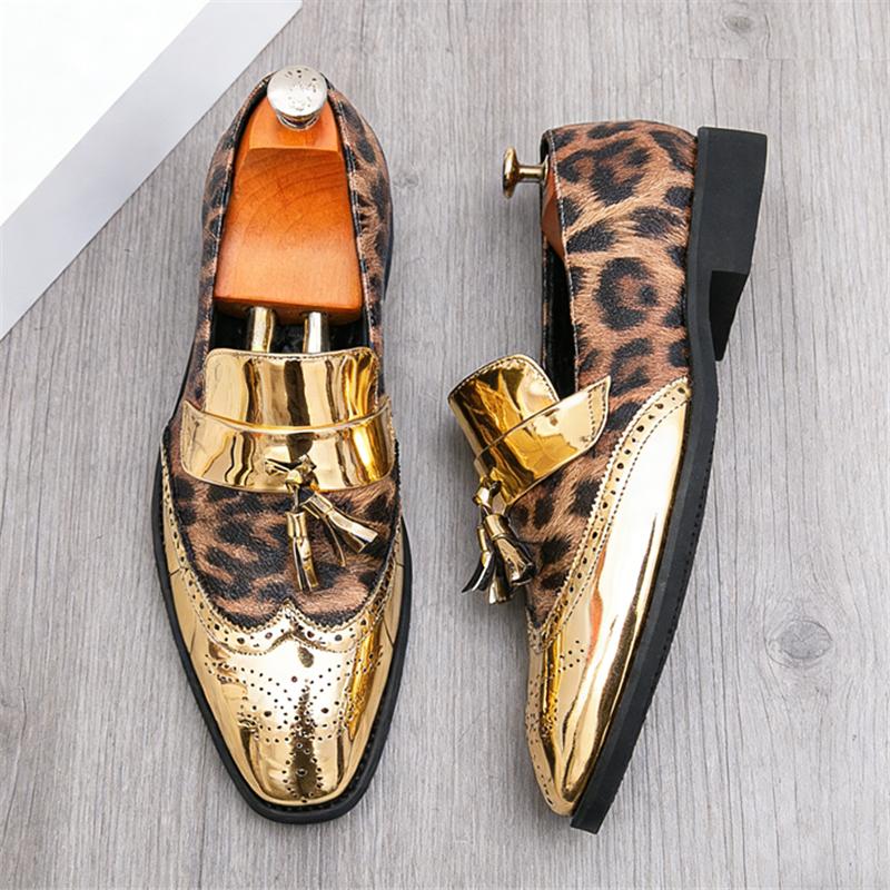 Luxury Designer New Men's Leopard Pattern Patchwork Tassel Brogues Oxford Shoes Male Wedding Dress Homecoming Formal Footwear