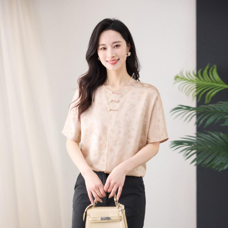 Light Silk Short-sleeved T-shirt Women's  New Crew Neck Shirt Loose Mulberry Silk Top