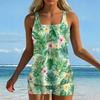 Women's Tankini Swimsuit Two Piece Set with Tropical Print Racerback Top and Boyshorts Swimwear for Beach Pool