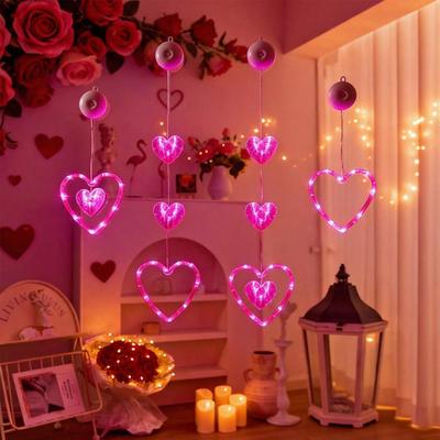 3Pcs Heart Curtain Lights with Suction Cups Portable Love Lamp Valentine's Day Window Lights with Remote Control Festive Romantic Lighting for