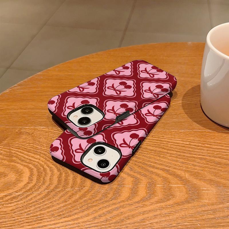 Cute Y2K Sweet Coquette Geometric Red Pink Cherry Bow Pattern Film Art Aesthetic Protective Shockproof Bumper Case For iPhone 14 15 16 Pro Max Plus