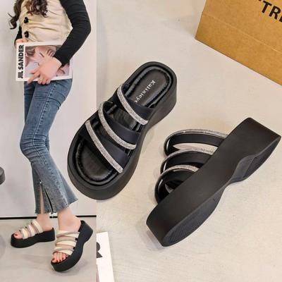 Fashion Women's Summer 2025 New Trendy Platform Thick Bottom Slip-On Sandals Open-Toe Casual Beach Shoes Rubber Sole Microfiber Material