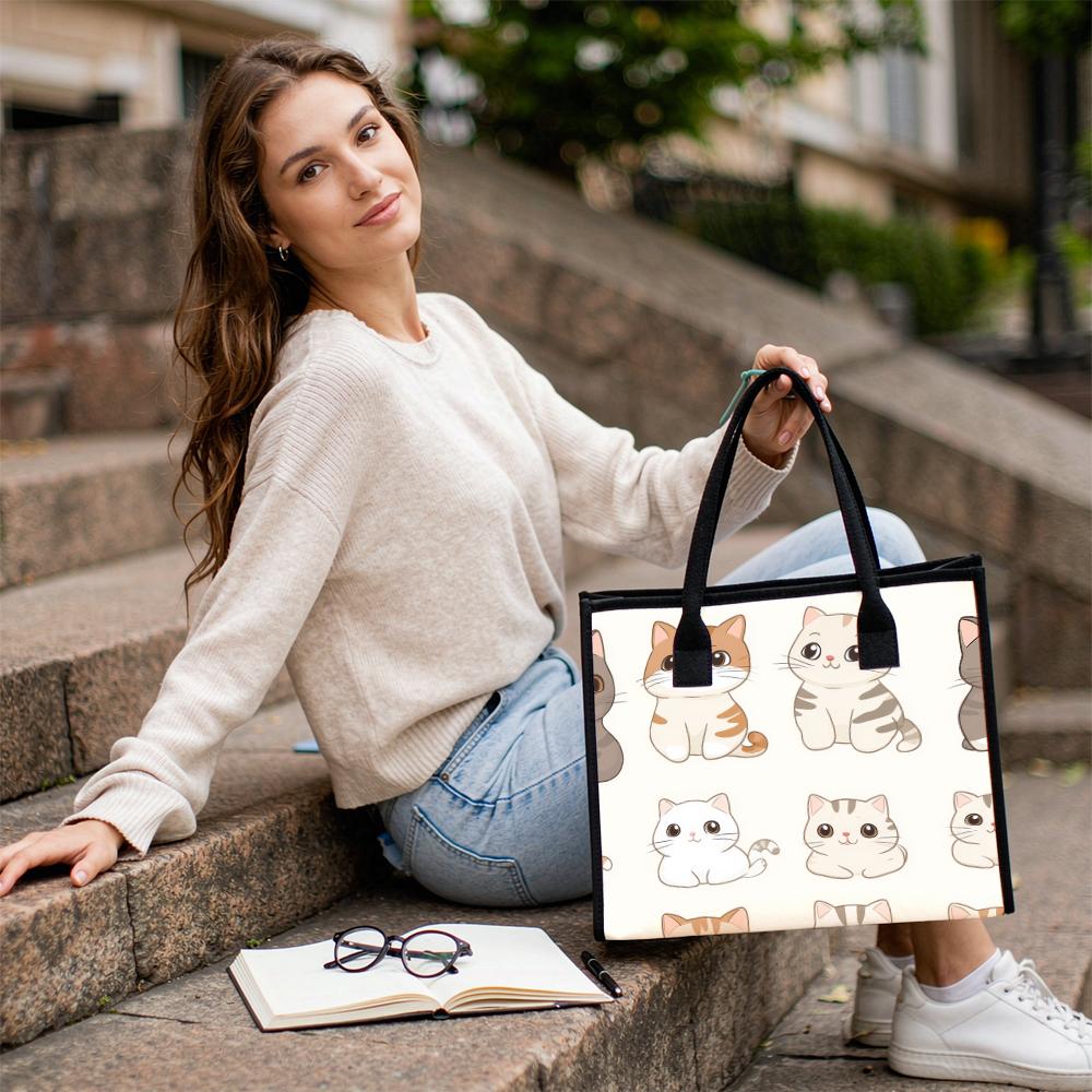 Cute Cat Printed Tote Bag Fashionable Casual Portable Large Capacity Daily Use Shopping Shoulder Handbag