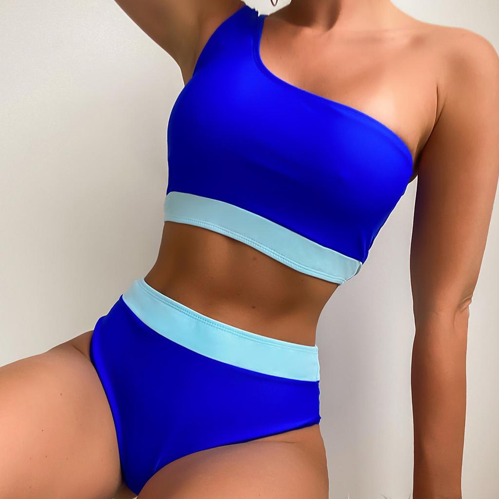 Women's Swimsuit Colorblock One Shoulder High Waist Sexy Bikini Set Brazilian Beachwear Bathing Suits