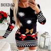 Long Sleeved Short Dresses Women Autumn Winter Printed Christmas Snowflake Party Dress Fashion Bodycon Sexy Mini Dress