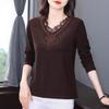 Damenbekleidung Herbst Winter Stilvolle Strassspitze Patchwork Dicke Basic T-Shirts Damen Einfarbig V-Ausschnitt Langarm Locker Oberteile