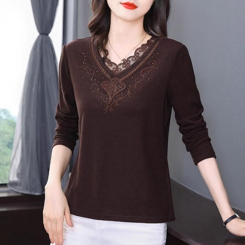 

Жіночий одяг, осінь, зима, стильні товсті базові футболки зі стразами, мереживом у печворку, жіночі однотонні вільні топи з V-подібним вирізом і довгими рукавами 4XL кавовий
