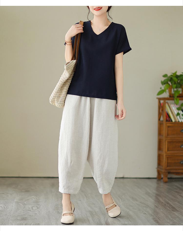 Women's Linen V-Neck Short-Sleeve Retro Top - Loose Casual Summer Style