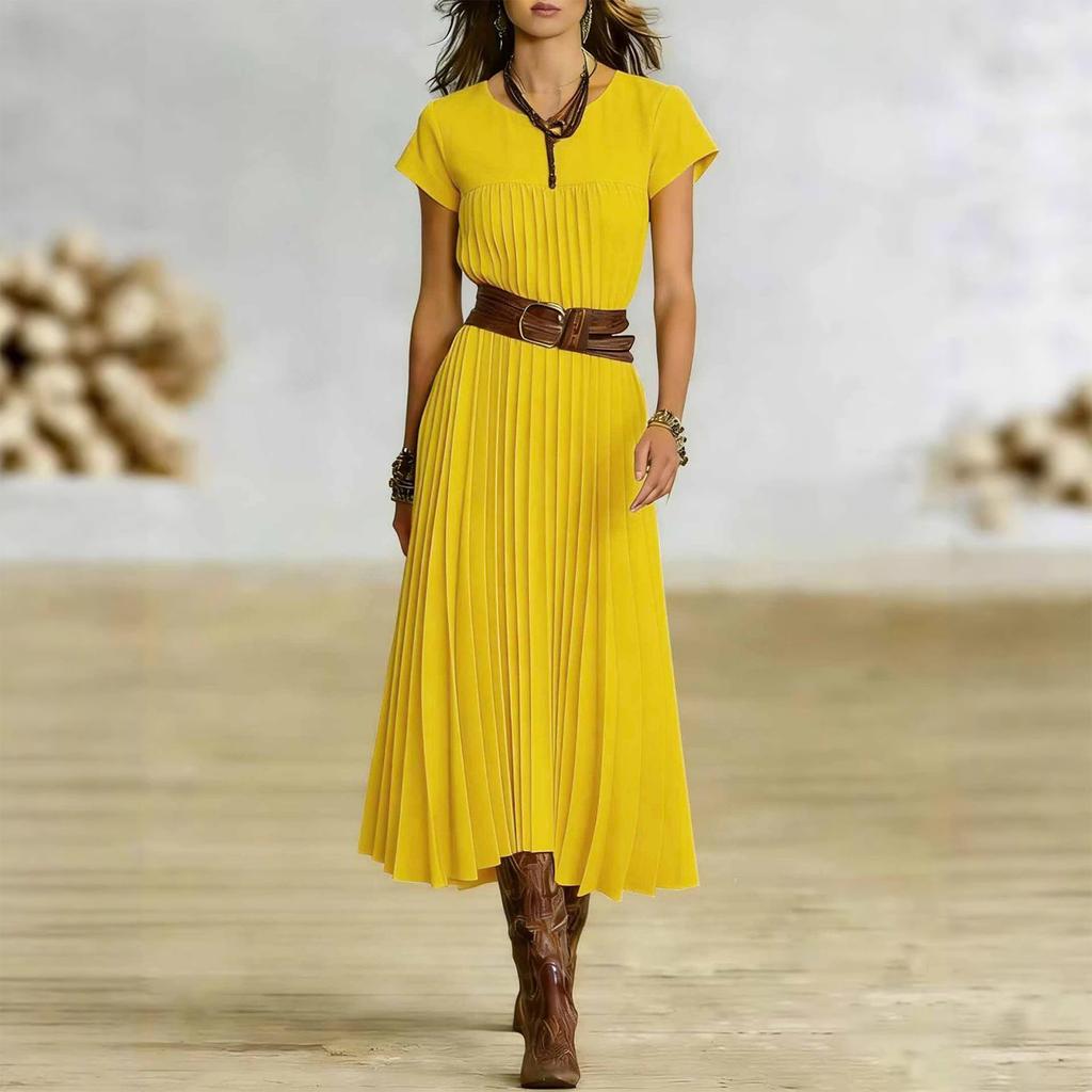Women's Fashionable Color Round Neck Short Sleeved Pocket Pleated Loose Dress