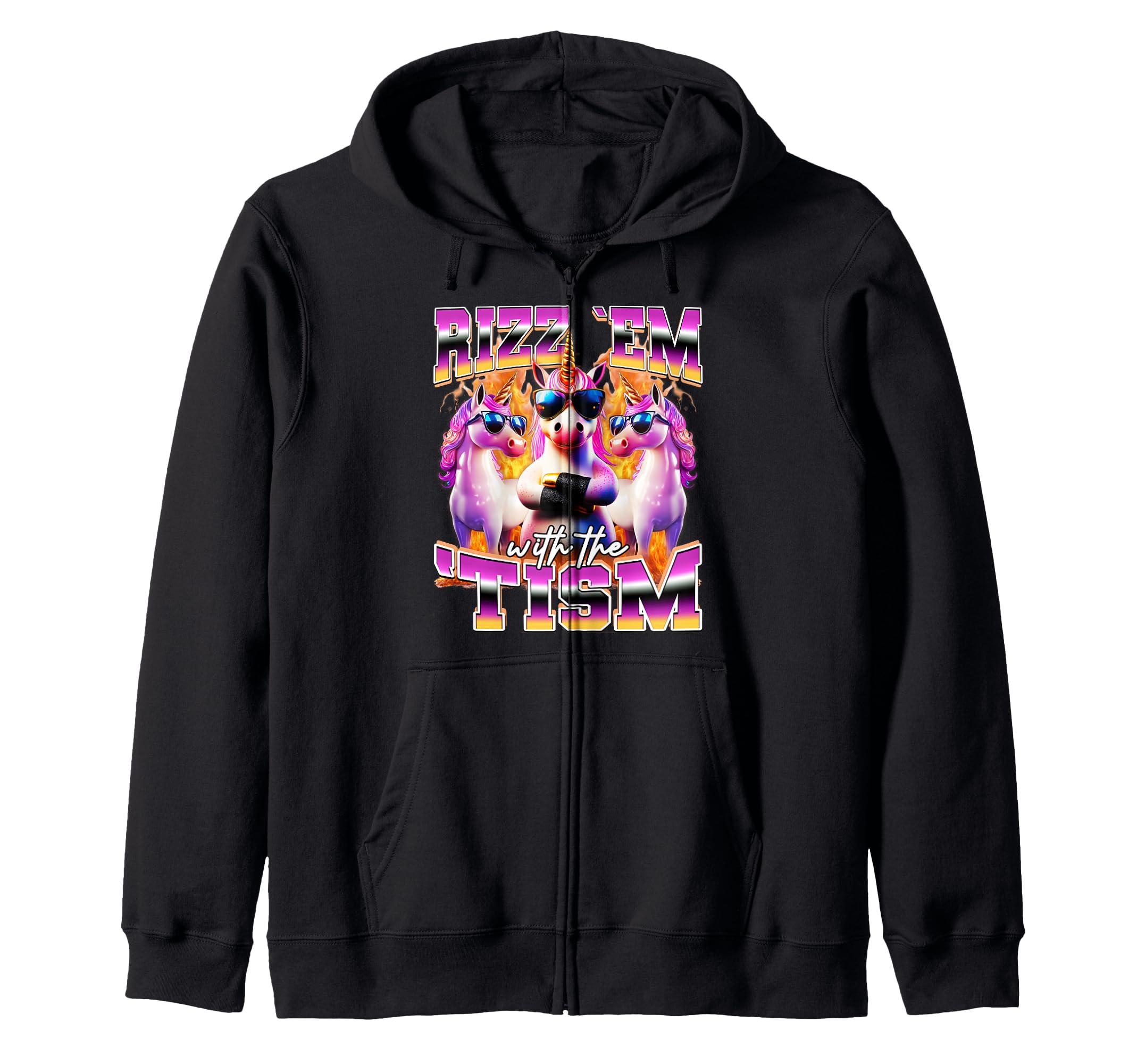 

Rizz em With The Tism Funny Unicorn Sunglasses Meme Bootleg Zip Hoodie чёрный