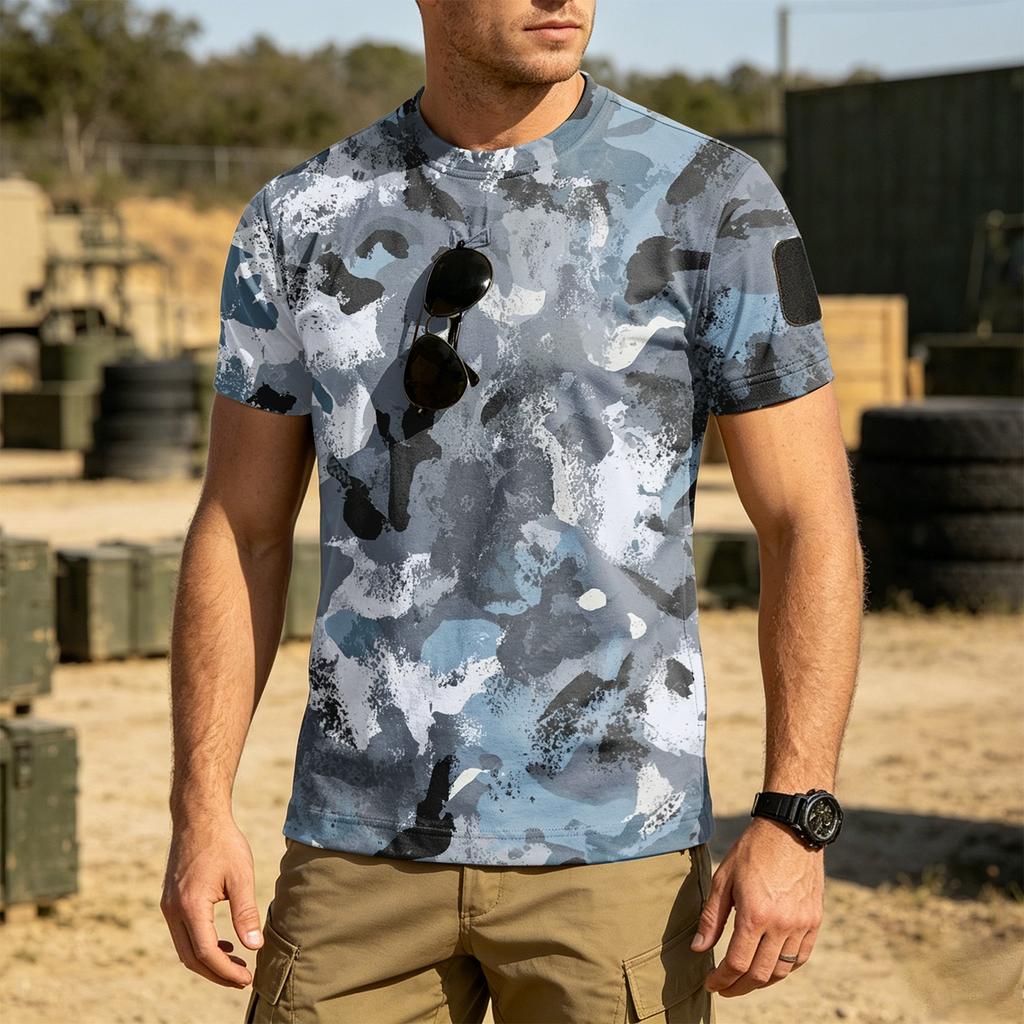 Men's Tactical Outdoor Quick Dry T Shirt Loose Fit Breathable Crew Neck Camouflage Print with Hook and Loop Patch Area for Sleeve