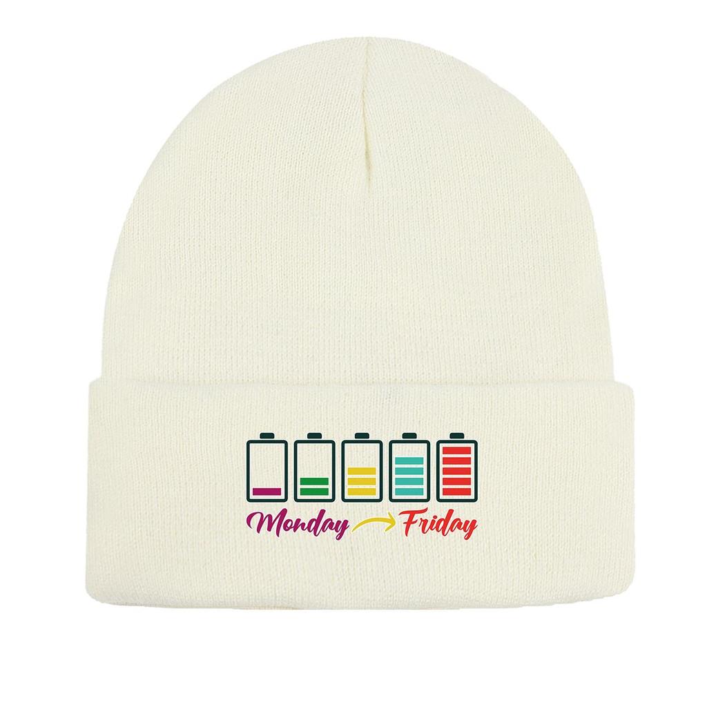 Monday Friday" Battery Print Knit Cap Beanie, Woman Cap Cancer Chemo Cozy Trendy Bobble Hat Knitted Hat Beanie
