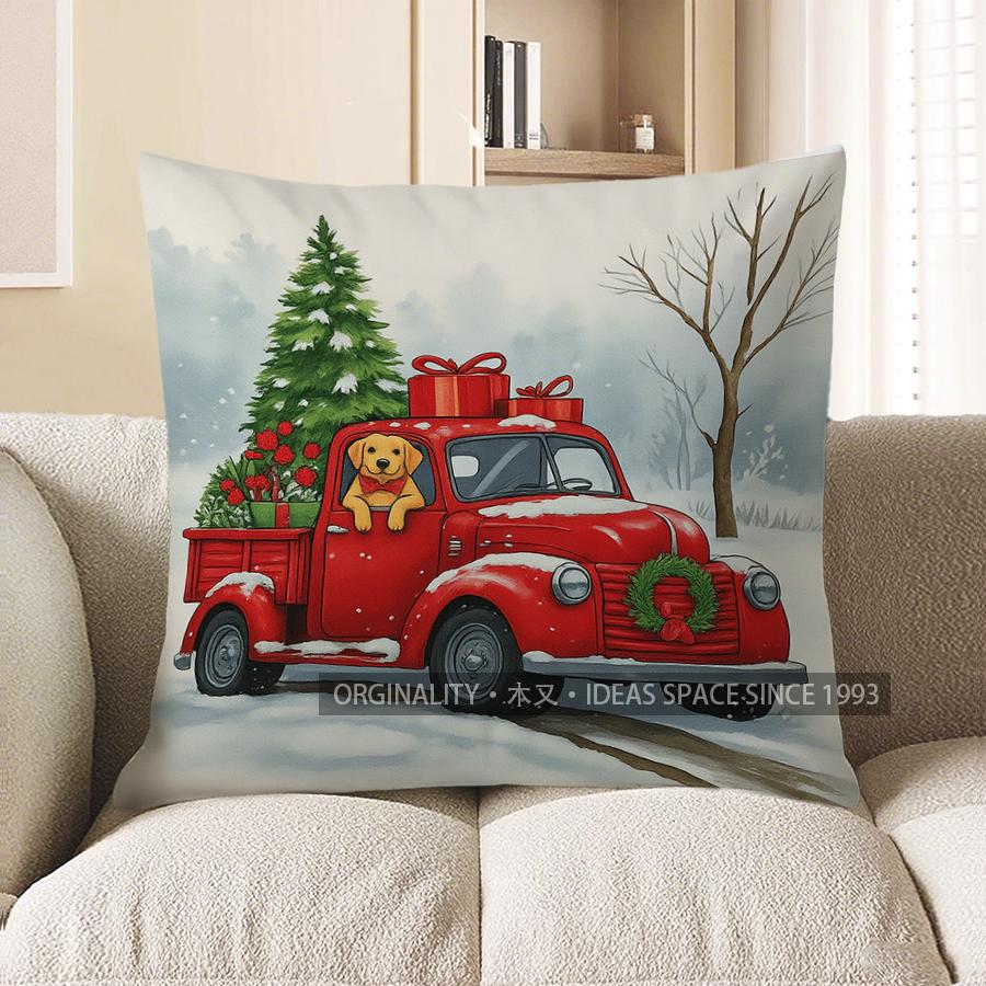 Home Decor Christmas Red Truck with Dog Throw Pillow Pattern Cushion Cover Suitable for Sofa Bedroom Car Pillow Cover