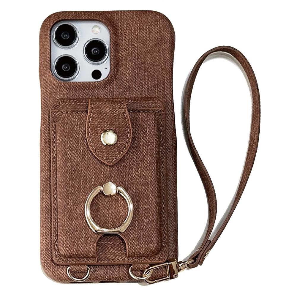 

For iPhone 14 Pro Case Ring Kickstand Card Holder Jeans Cloth Texture PU Leather Back Cover with Strap C