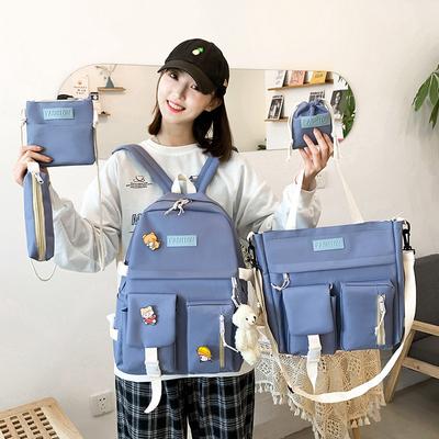 School Bag New Backpack Female College Student Backpack Five-piece Set Contrasting Color Canvas Campus Junior High School Student School Bag