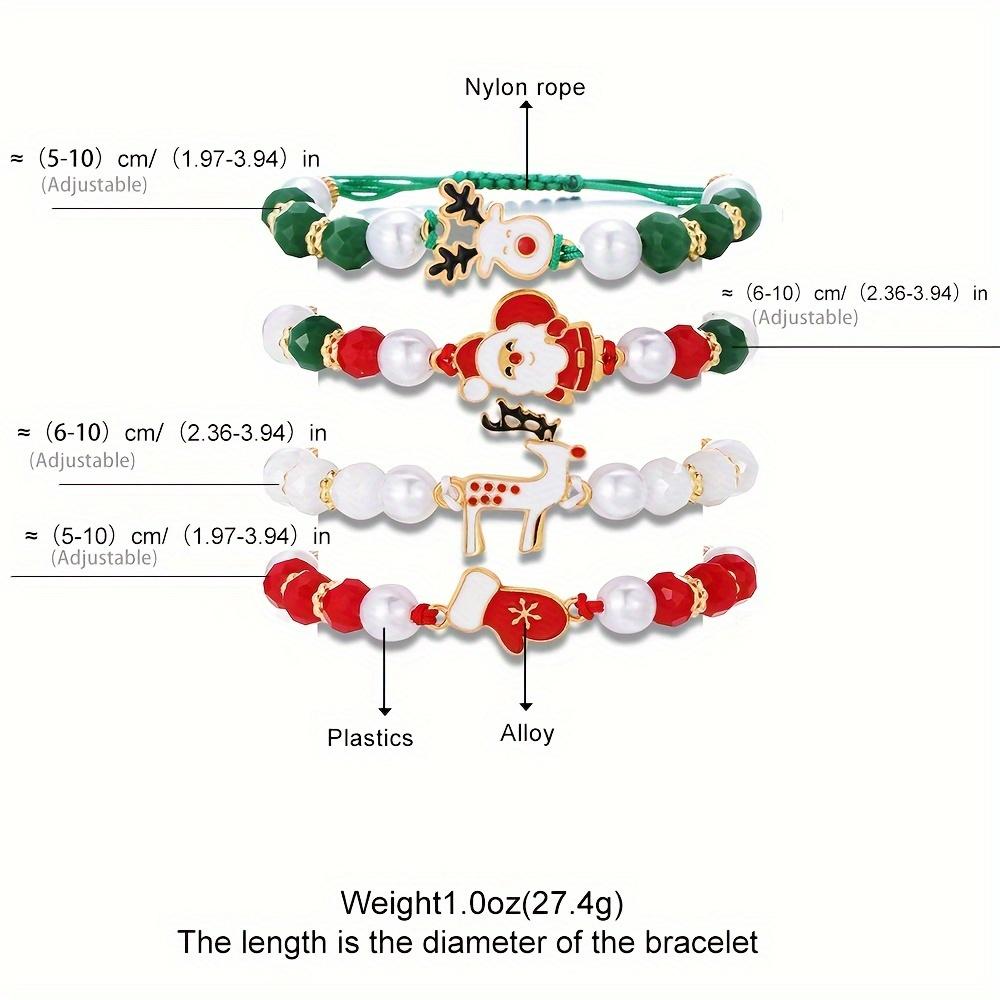 Weihnachts-Charm-Armband-Set, 4-teilig – Weihnachtsmann-, Rentier- und rote Handschuhe-Designs mit weichen Tonperlen und Kordelzugverschluss – als Weihnachtsgeschenk für Freunde und Familie
