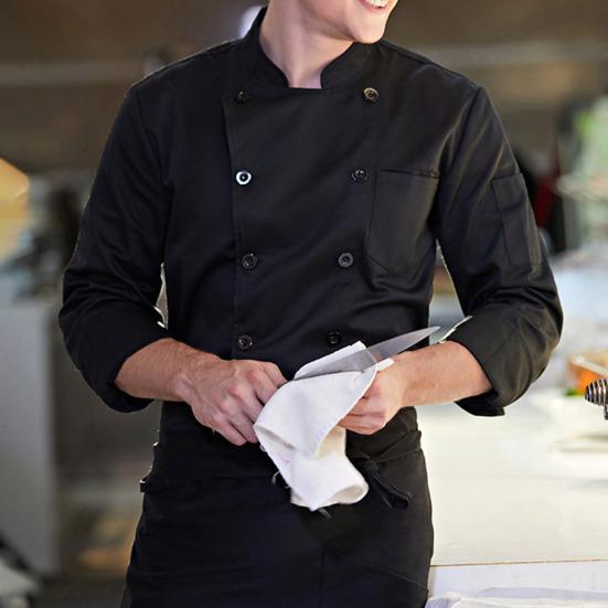 Chef Uniform Stand Collar Double-Breasted Button Design Roll-Up Cuffs Chest Pocket Solid Color Chef Shirt Professional Kitchen Workwear