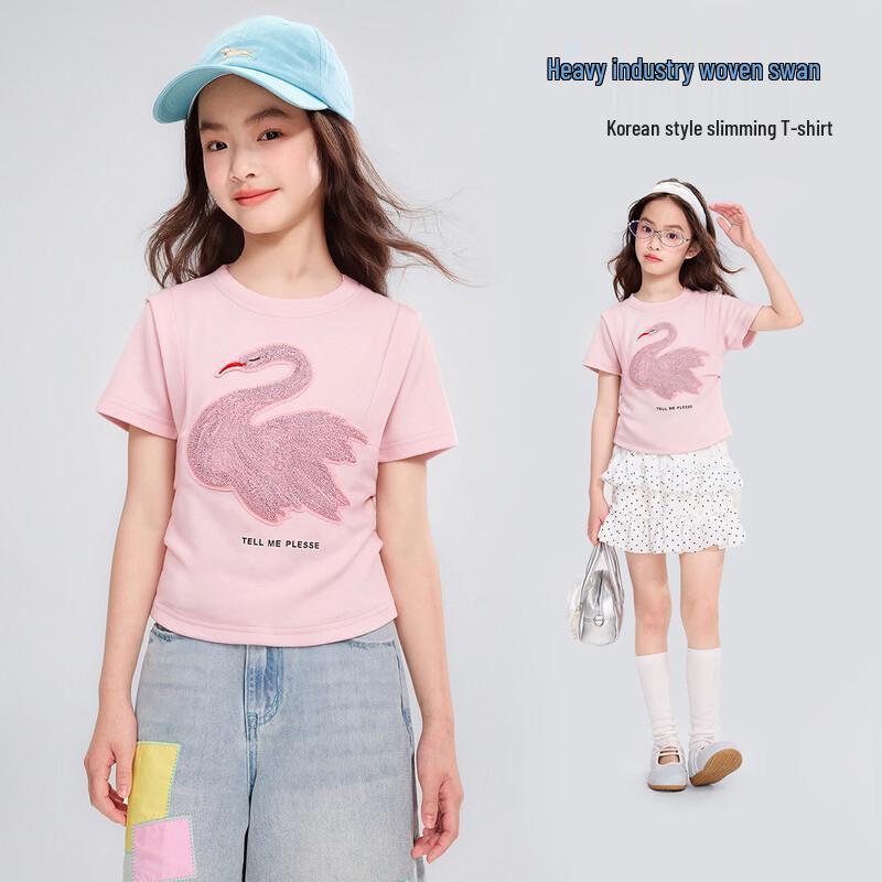 

Girls 100% Cotton Little Swan Cartoon Short Sleeve T-Shirt 110