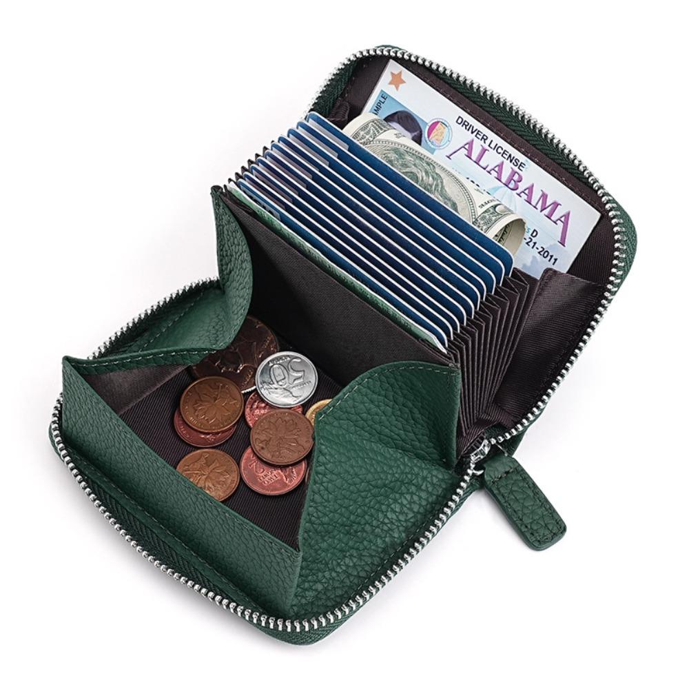 Japanese Style Cowhide RFID Card Wallet, Accordion Multi-Slot Anti-Skimming Zipper Genuine Leather Card Holder for Daily Use