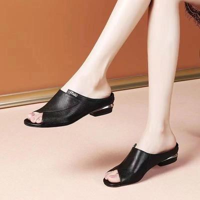 Women's Summer Soft Leather Thick-Heeled Sandals: Open-Toed Outdoor Slippers