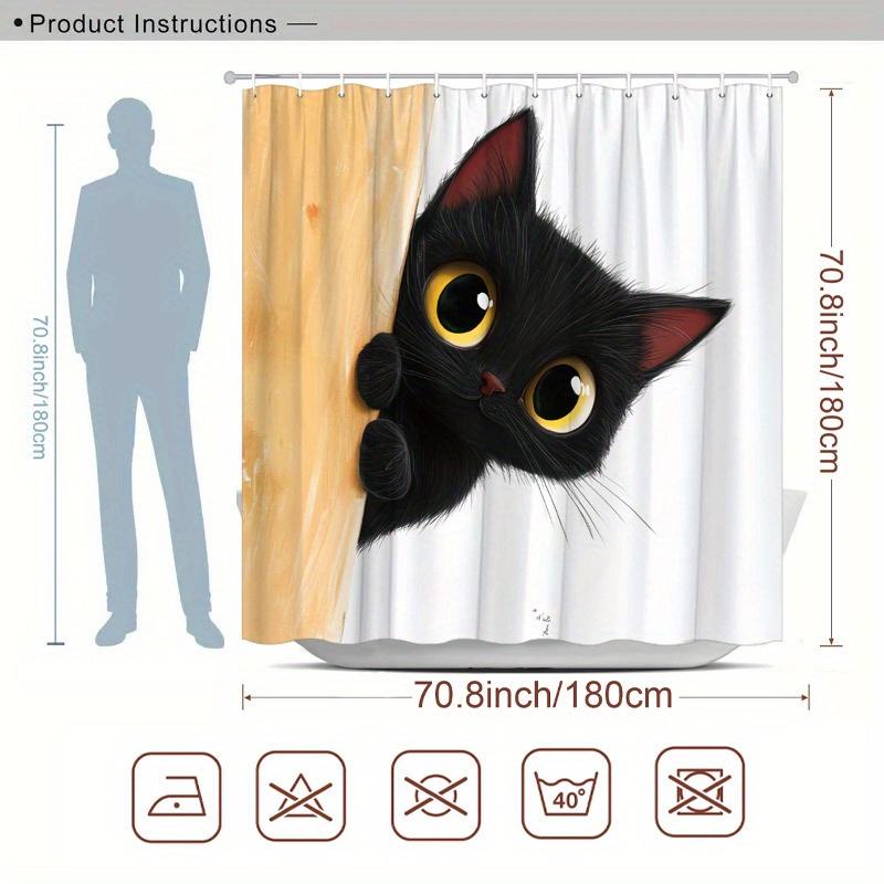 Cute Black Cat Shower Curtain Cat Peeking From Door Cartoon Art Pet Lover Decor Waterproof Fabric Bath Curtain Set Home Style