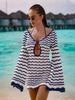 Sexy Boho Striped Chic V-Neck Cut Out Bell Sleeve Knit Dress  Summer Women Seaside Holiday Mini A-Line Dress Unx8