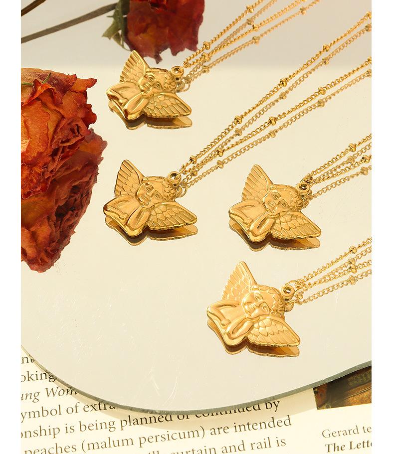 Women's 18K Gold Angel Pendant Necklace - European & American Hip Hop Style, Titanium Steel Clavicle Chain