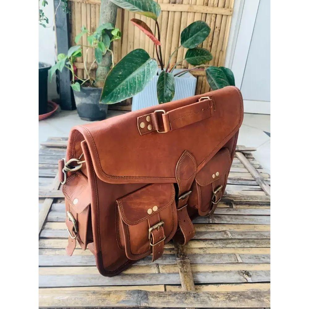 Large Real Goat Leather Vintage Brown Messenger Shoulder Bag  ( Free Sling Brown Bag Size -10 x 13 x 4 in )