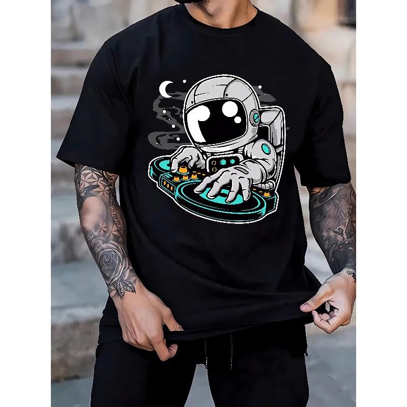 European Sizes Astronaut Deejay Print Tee Shirt For Men, Casual Short Sleeve T-shirt For Summer Spring Fall, Tops As Gifts For Men