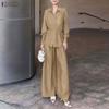ZANZEA Bluzka z długim rękawem i spodnie damskie, casualowe dwuczęściowe zestawy garniturowe