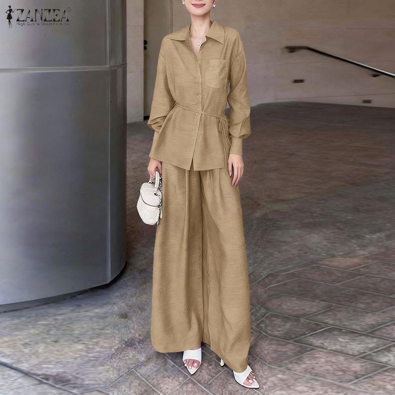 ZANZEA Bluzka z długim rękawem i spodnie damskie, casualowe dwuczęściowe zestawy garniturowe