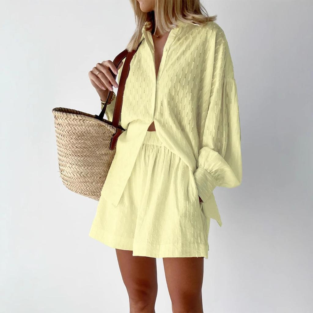 Women's Clothing, Shirts, Jacquard, Bubble Sleeves, Tops, Shorts, Casual Suits