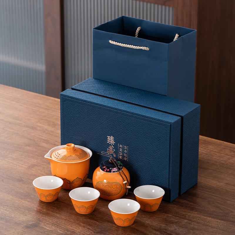 High-end Guochao travel tea set, household high-end business gifts, light luxury, a pot of three cups, commemorative souvenir gifts