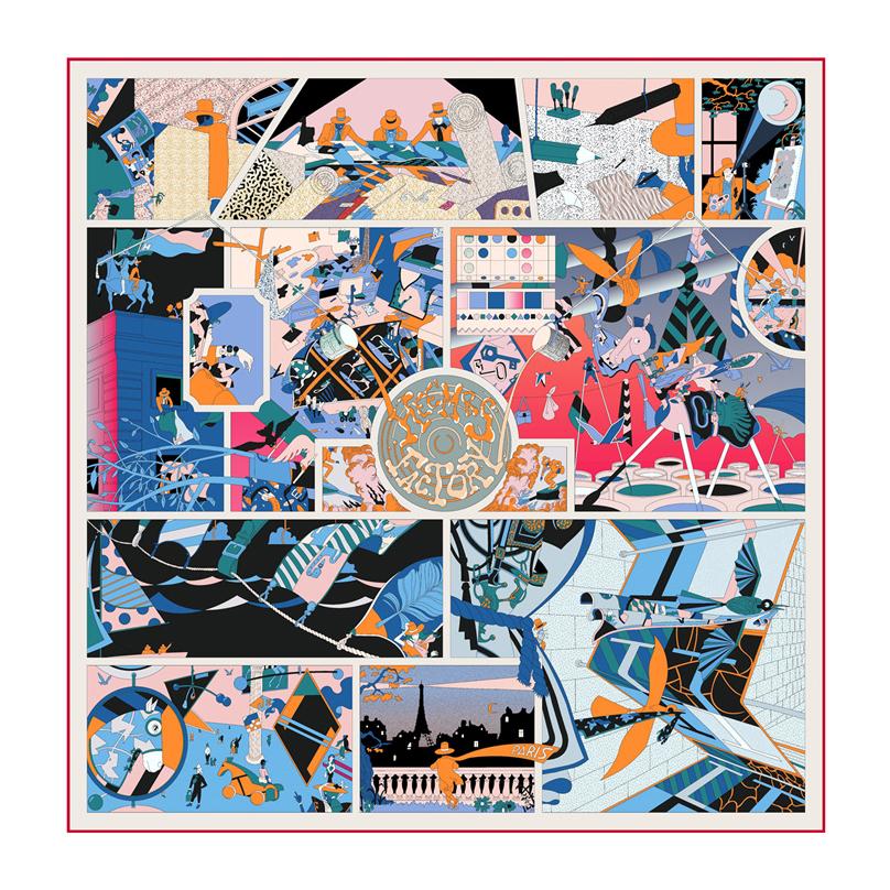 Silk Scarf Women Workshop Print Square Scarves Head Echarpes Silk Foulards Femme Wraps Beach Shawls Bandana Lady Hijabs 90CM