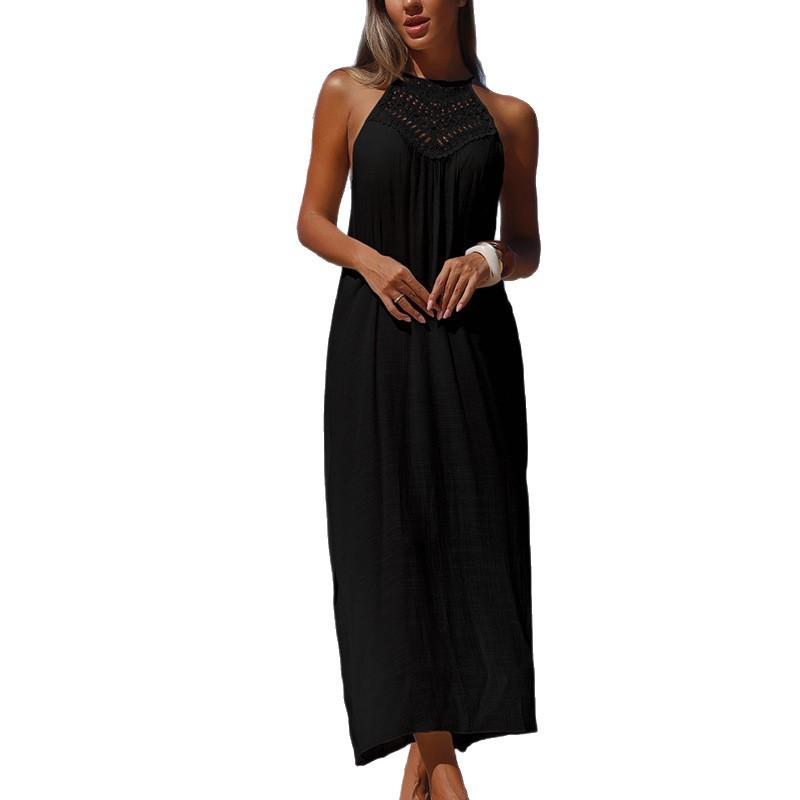 Damen Urlaubs Strandkleid, Handgehäkeltes gespleißtes Neckholder-Kleid, Sexy seitlicher Schlitz Sonnenschutz Langes Hemdkleid