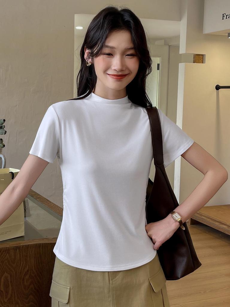 YB536# Women's Minimalist Half High Neck Slimming Solid Color Short Sleeve Shirt