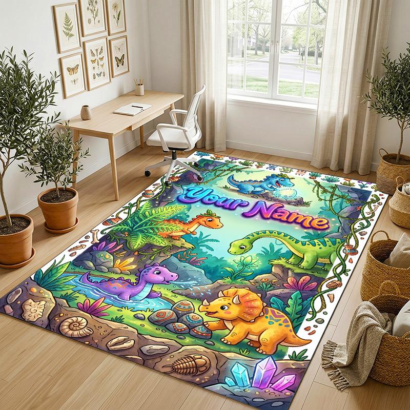 Dinosaur Theme Crystal Velvet Rug Personalized Custom Name Text Soft Floor Mat Home Decor