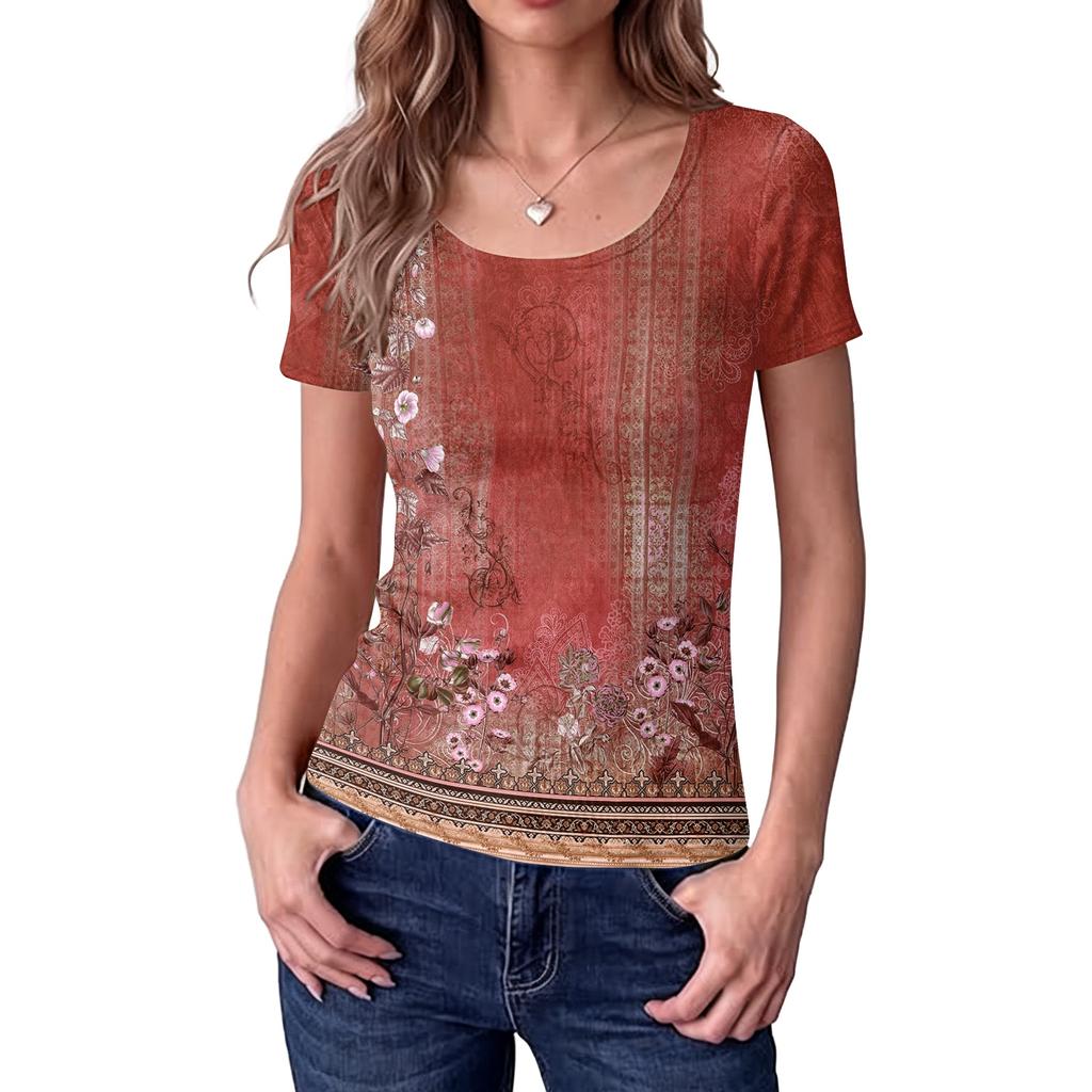 Women Slim Fit Square Neck Short Sleeve Top Vintage Floral Print Stretchy Ribbed Fabric Casual Summer Shirt